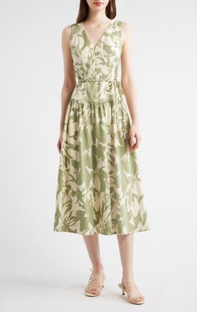 Anne Klein Patio Abstract Print Midi Dress in Cool Sage Multi at Nordstrom, Size 12