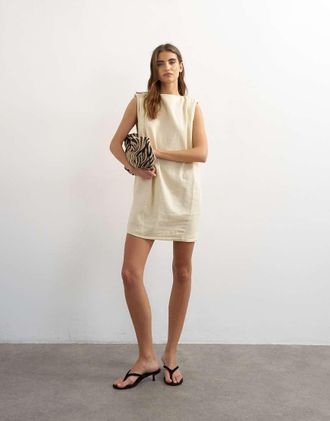 Topshop Vestito corto in misto lino beige con spalle oversize-Nessun colore