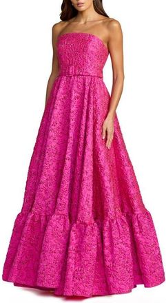Mac Duggal Strapless Floral Brocade Ruffle Hem Gown With Belt in Hot Pink at Nordstrom, Size 12