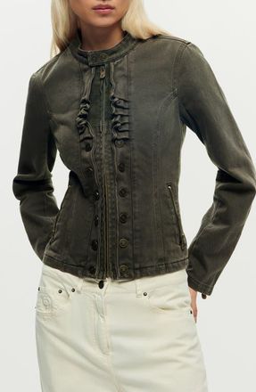 Desigual Ruffle Detail Denim Jacket in Light Green at Nordstrom, Size X-Small