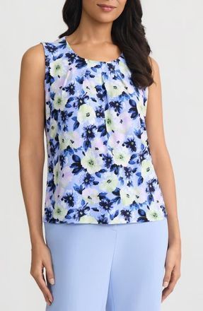 Kasper Floral Print Pleated Neck Sleeveless Top in Paris Bleu Mult at Nordstrom, Size X-Small