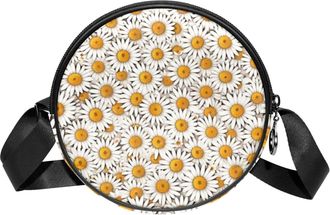 Generic Circle Crossbody Bag for Women, Vintage Daisy Print Small Sling Bag Daypack with Zipper Adjustable Shoulder Straps Casual Ladies Girls Round Purse
