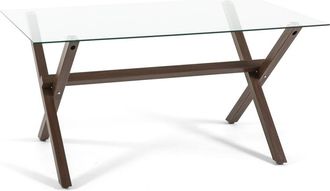 Siediti Fuori e Dentro Mesa rectangular 150x90 cm de vidrio y patas en x efecto madera