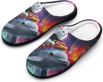 Generic Cat Riding on Dolphin Hot Dog Mens House Slippers Memory Foam Washable Cotton Slip on Home Shoes