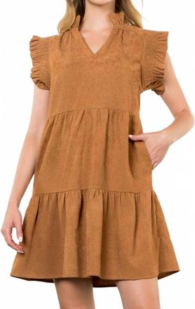 THML Clothing Flutter Sleeve Corduroy Midi Dress In Camel