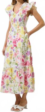 Sugarlips Leonie Floral Sunfire Tiered Midi Dress In Blush Yellow