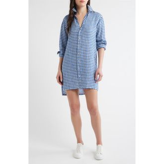 Frank & Eileen Hunter Stripe Step Hem Linen & Cotton Shirtdress in Blue Check at Nordstrom, Size Xx-Small