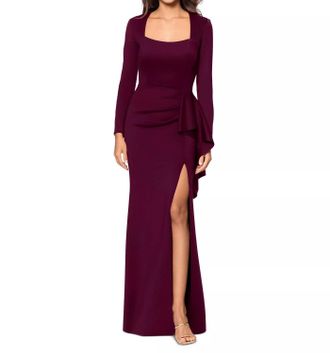 Xscape Square-Neck Draped Long-Sleeve Gown In Deep Purple