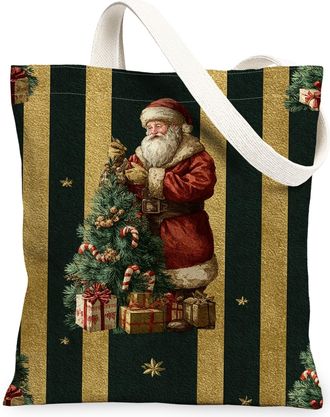 Generic Christmas Canvas Tote Bags, Vintage Santa Claus Design Reusable Shopping Bags, Festive Holiday Lightweight Washable Shoulder Strap Tote for Gifts Trav