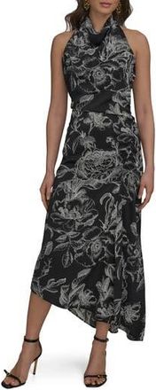 DKNY Floral Asymmetric Hem Maxi Dress in Black/Cream at Nordstrom Rack, Size 4