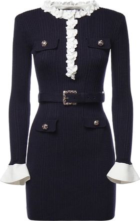 Self Portrait Ribbed Knit Jewel Button Floral Mini Dress