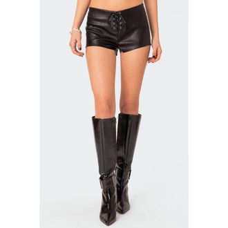 Edikted Wilde Lace Up Faux Leather Shorts in Black at Nordstrom, Size X-Small