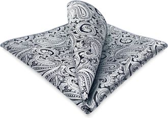 Shlax & Wing SHLAX&WING Designer Mens Pocket Square Silver Black Paisley for Men Suits Gift