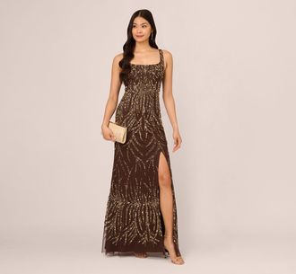 Adrianna Papell Sleeveless Beaded Mermaid Gown With Square Neckline In Chocolate