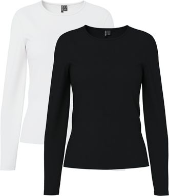 Pieces Langarmshirt PIECES PCAMELIA LS TOP 2-PACK JRS NOOS BC, Damen, Gr. XXL, schwarz pack:2 pack schwarz, hellwei&szlig;, Jersey, Obermaterial: 95% Baumwolle, 5%