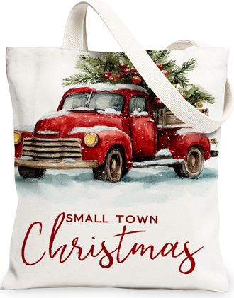 Generic Christmas Truck Canvas Tote Bags, Holiday Vehicle Pattern Reusable Grocery Bags, Winter Vintage Washable Shoulder Strap for, Red, 13x15 Inch