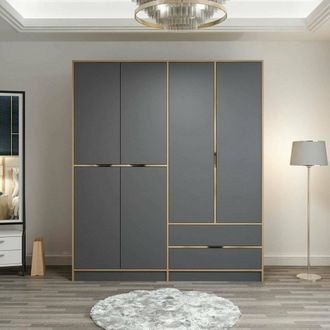 Dmora Guardarropa Grande Odalys, Armario Dormitorio 5 Estantes, Perchero, 2 Cajones, 185x208h Cm Negro Y Nogal Y Nogal Antracita