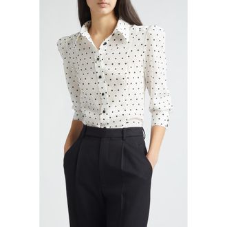 Carolina Herrera Polka Dot Silk Button-Up Shirt in Ivory Multi at Nordstrom, Size 12