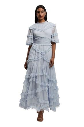 Karen Millen Tulle Ruffle Detail Woven Maxi Dress in Ice Blue at Nordstrom, Size 6