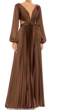 Mac Duggal Pleated Long Sleeve Charmeuse Cut Out Gown In Espresso