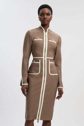 Karen Millen Womens Figure Form Bandage Knit Piping Detail Military Midi Dress - Taupe - Size 16 UK