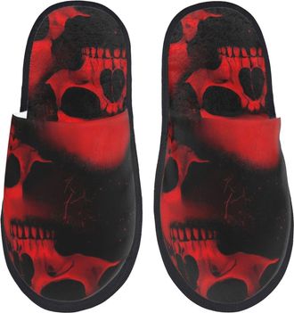Generic Red And Black Abstract Skull Men Women Slippers Fuzzy Sliders Warm Shoes For Indoor Outdoor Winter L