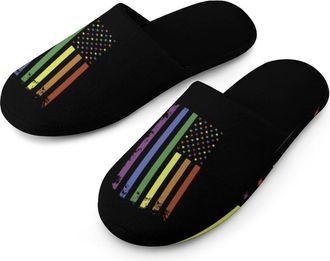 Generic Rainbow U.S. Flag Cotton Slippers for Men Memory Foam House Slippers Soft Anti-skid Sole Indoor Outdoor Shoes