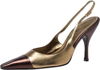 Casadei Metallic Gold/brown Leather Pointed Toe Slingback Sandals