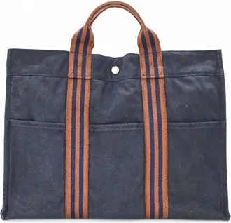 Herm&egrave;s Brown Navy Canvas Handbag Tote Bag (Pre-Owned)