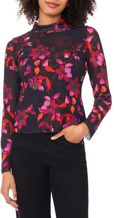 Parker Floral Mesh Mock Neck Long Sleeve Top in Rich Black at Nordstrom Rack, Size X-Small