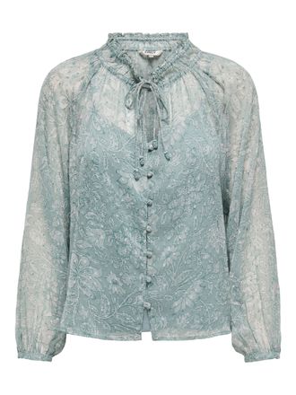 Only Chiffonbluse ONLY ONLELIZA LIFE LS V-NECK STRING TOP WVN, Damen, Gr. M, gr&uuml;n (fog gr&uuml;n aop:w bohemian garden), Jersey, Obermaterial: 100% Polyester, b