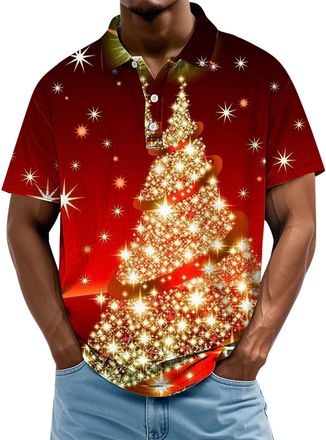 Generic Christmas Polo Shirts for Men Xmas Tree Santa Claus Print Golf Shirt Short Sleeve Mens Polos Button Collar Holiday Tee Tops, A01-Christmas Tree, XL