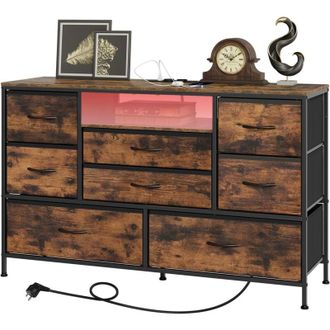 Woltu Cassettiera con Stazione di Ricarica e 8 Cassetti in Tessuto, con, Ideale per Soggiorno, Ingresso, Corridoio, Marrone Rustico e Nero - Woltu