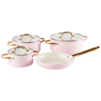 Beliani Beliani - Conjunto De 7 Piezas 3 Ollas 1 Sart&eacute;n Con Revestimiento Cer&aacute;mico Antiadherente Aluminio Rosa Pastel Elite Pro