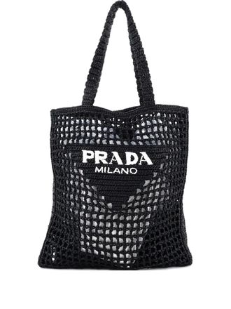 Prada Borsa tote in rafia con logo a triangolo - Nero