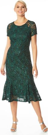 Roman Womens Metallic Lace Sequin Midi Dress - Green - Size 18 UK