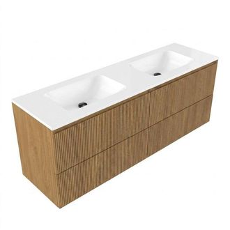 Saniclass Holz Atelier Badkamermeubelset - 160x45x77.5cm - Torino solid surface wastafel wit - zonder kraangat - 4 lades - mat eiken natural (hout)