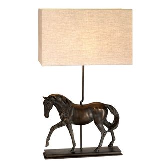 Loops Table Lamp Large Horse Statuette Natural Hessian Shade Bronze Patina LED E27 40w