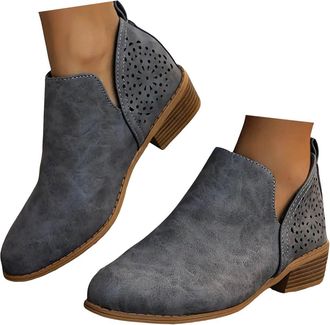 Generic Womens Ankle Boots & Booties,V Cutout Pointed Toe Chunky Stacked Heel Ankle Boots Slip On Vintage Faux Leather Arch Support Shoes Fashion Low Heel Pul