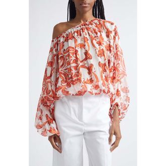 Dolce & Gabbana Majolica Print Off the Shoulder Chiffon Top in S9000 Variante Abbinata at Nordstrom, Size 10 Us