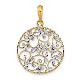 Diamond2Deal 14k Yellow Gold and White Rhodium Diamond-cut Filigree Round Charm Pendant