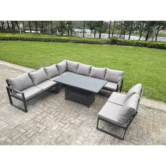 Fimous ALuminum 8 Piece Patio Set with Lifting Table & Cushions in Dark Grey