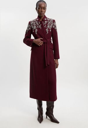 Karen Millen Womens Wool Crystal Embellished Notch Neck Belted Maxi Coat - Burgundy - Size 14 UK