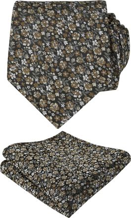 Alizeal Mens Floral Patterned Wedding Party Tie with Pocket Square 8cm Colorful Classic Business Tie Set, Brown+White+Gray