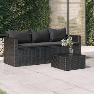 vidaXL Sof&aacute; De Jard&iacute;n 3 Plazas Con Cojines Rat&aacute;n Sint&eacute;tico Negro Vidaxl