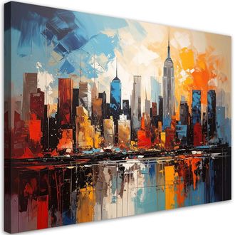 Feeby Cuadro En Lienzo Colorido Skyline De Ciudad En Estilo Moderno 100x70