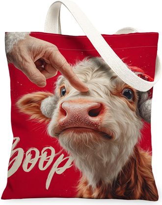 Generic Festive Cow Canvas Tote Bags, Cute Animal Pattern Reusable Grocery Bags, Vintage Lightweight Washable Shoulder Strap Canvas, Red, 13x15 Inch