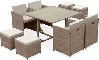 Sweeek Conjunto de jard&iacute;n 4-8 plazas natural, cojines beige, mesa