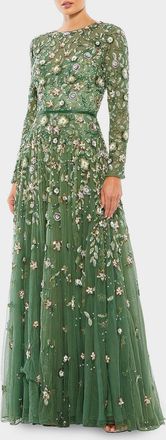 Mac Duggal Sequin Floral Applique A-Line Gown