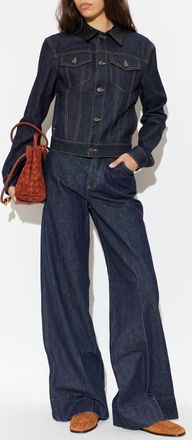 Bottega Veneta Denim Jacket With Leather Collar, Womens, Navy Blue